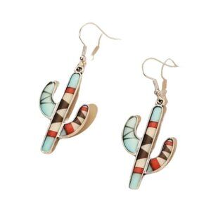 Southwestern Style Cactus Earrings Multicolored Silver Tone